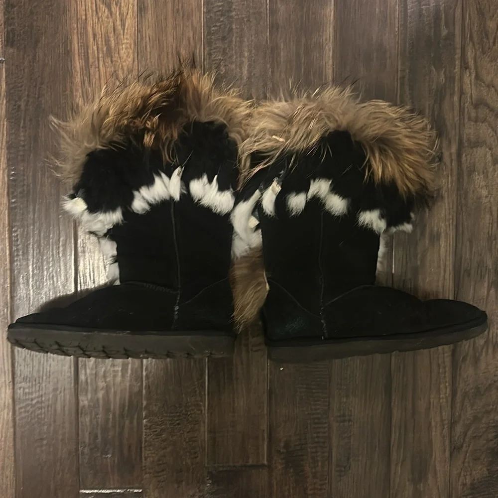 Black Faux Fur Suede Flat Mid Calf Winter Boots Size 6